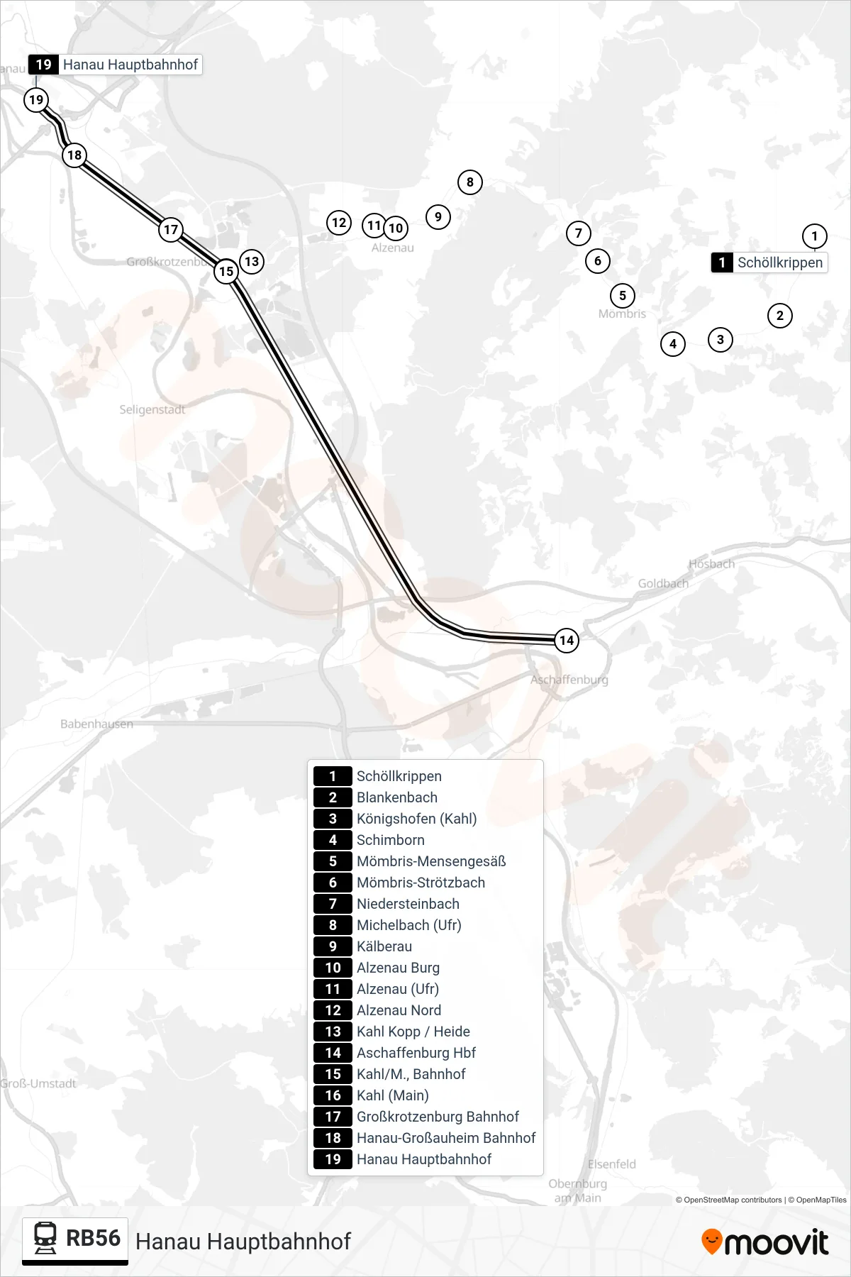 RB56 rail Line (Hanau Hauptbahnhof) route and stops on a map