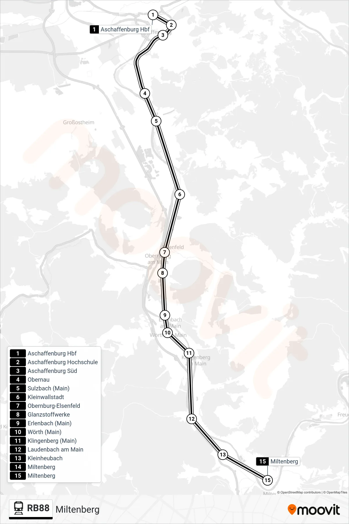 Linie RB88 (Bahn) Richtung Miltenberg: Route und Haltestellen auf der Karte