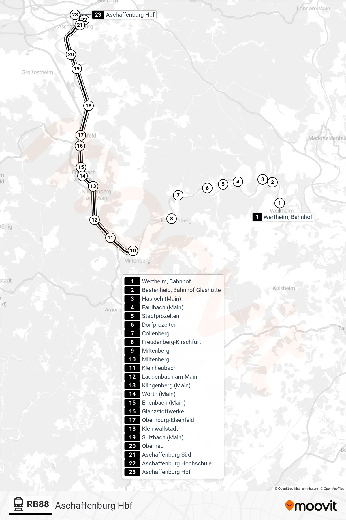 RB88 rail Line (Aschaffenburg Hbf) route and stops on a map