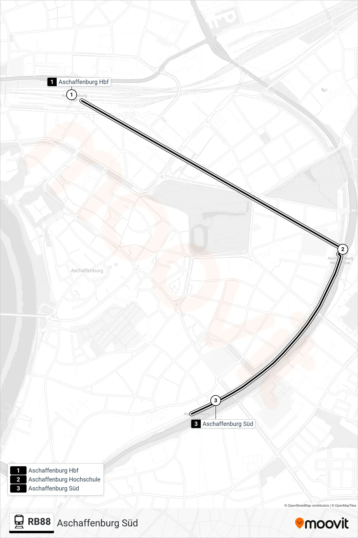 RB88 train Line (Aschaffenburg Süd) route and stops on a map