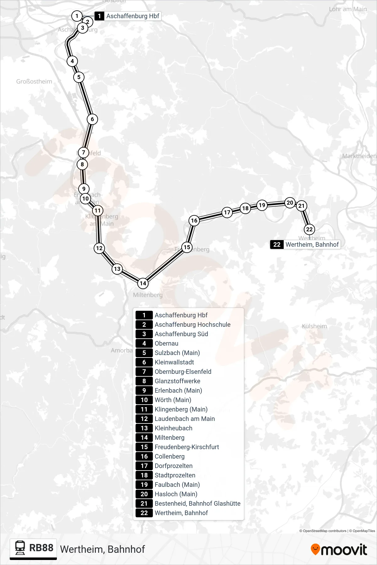 RB88 train Line (Wertheim, Bahnhof) route and stops on a map