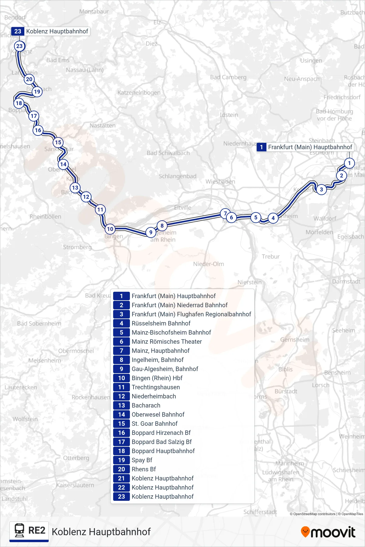 RE2 train Line (Koblenz Hauptbahnhof) route and stops on a map