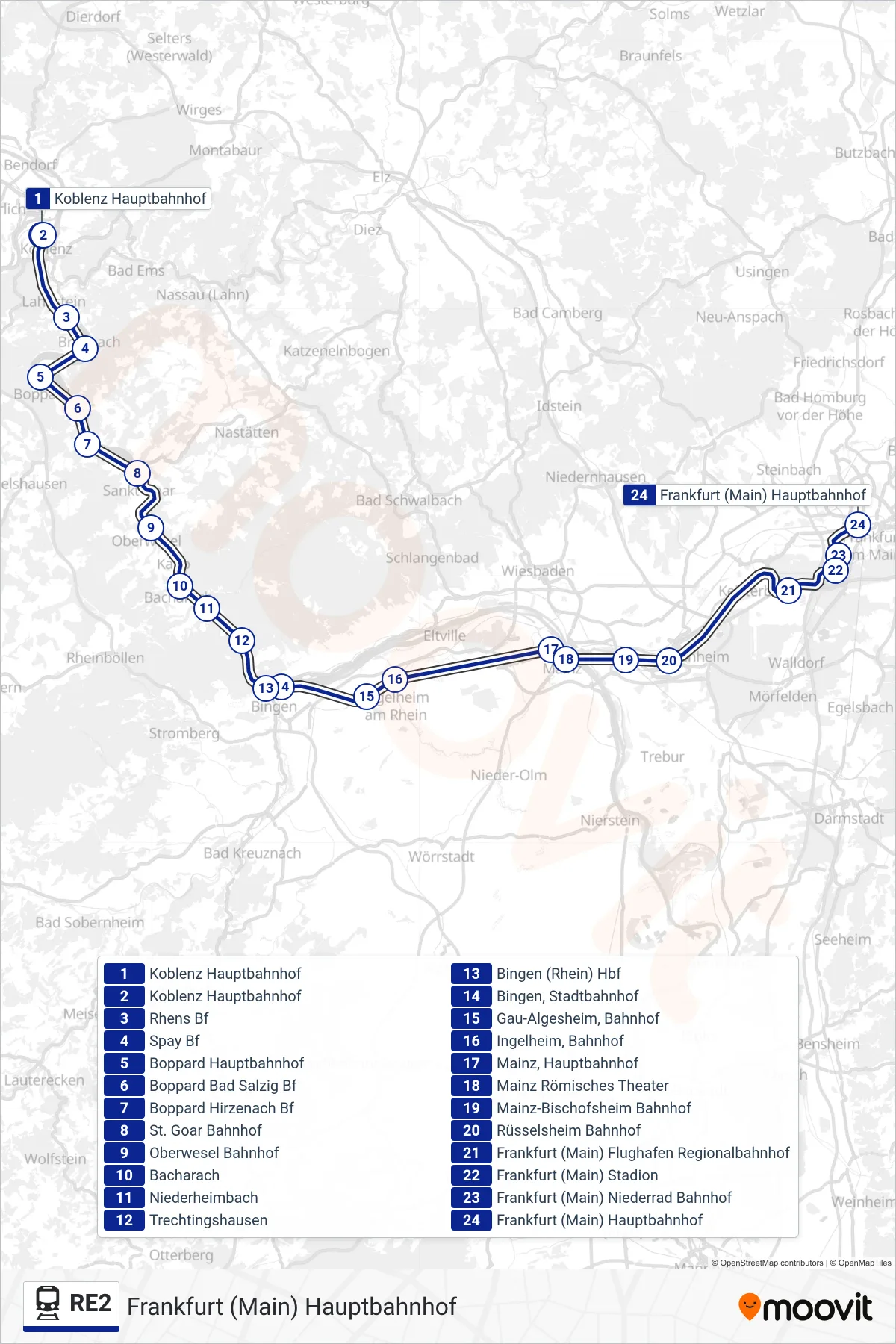 RE2 train Line (Frankfurt (Main) Hauptbahnhof) route and stops on a map
