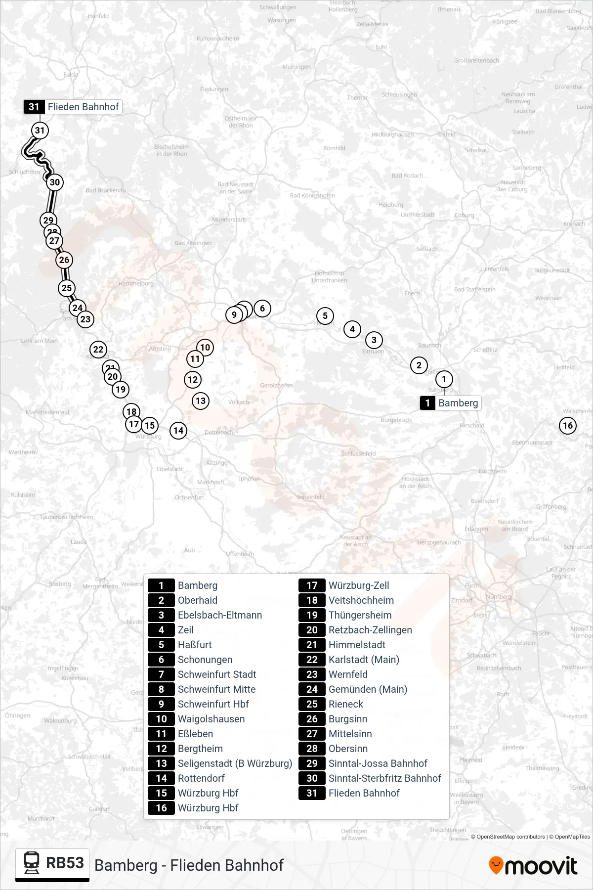 RB53 rail Line (Flieden Bahnhof) route and stops on a map