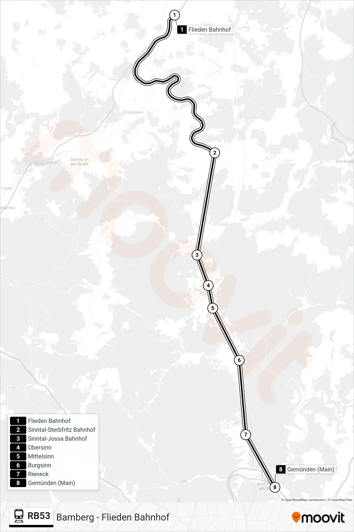Linie RB53 (Bahn) Richtung Gemünden (Main): Route und Haltestellen auf der Karte