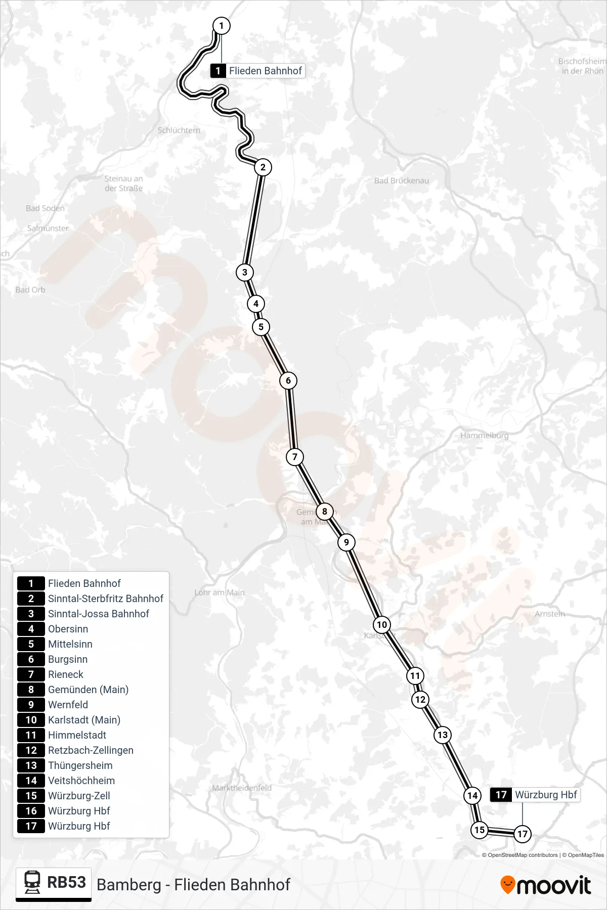 RB53 train Line (Würzburg Hbf) route and stops on a map