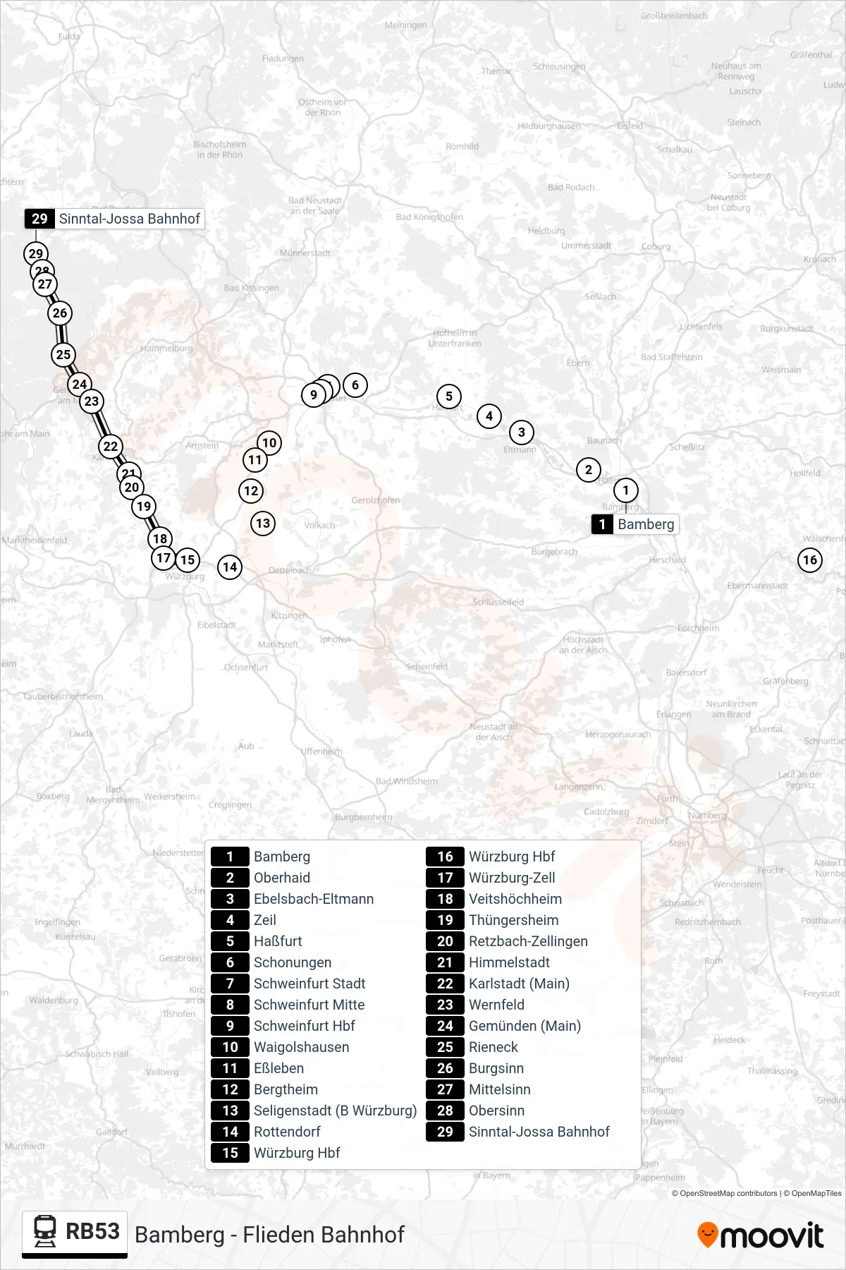 RB53 rail Line (Sinntal-Jossa Bahnhof) route and stops on a map