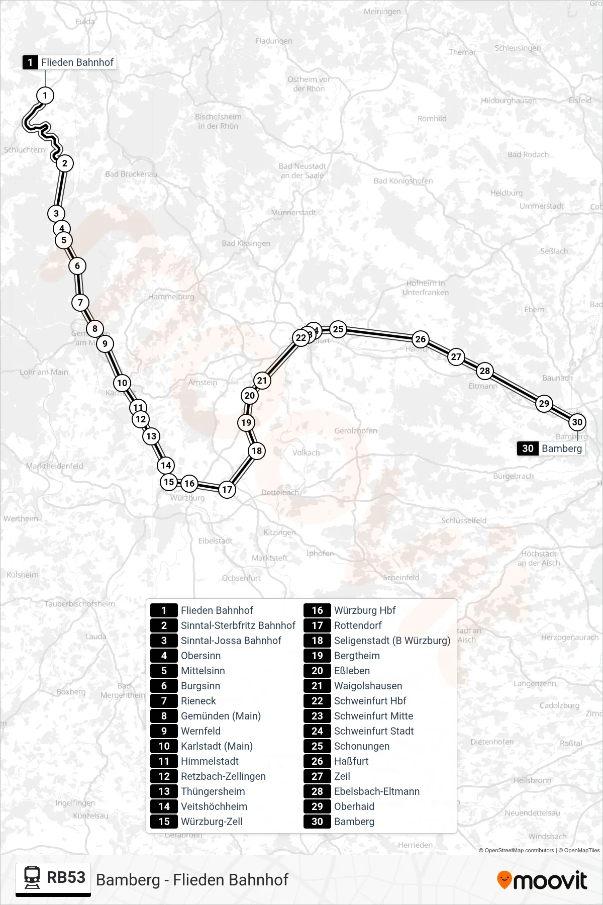 RB53 train Line (Bamberg) route and stops on a map