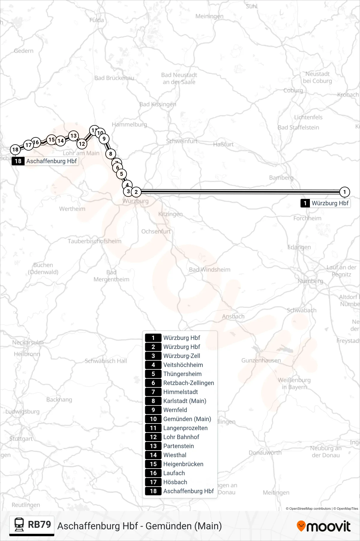 RB79 train Line (Aschaffenburg Hbf) route and stops on a map