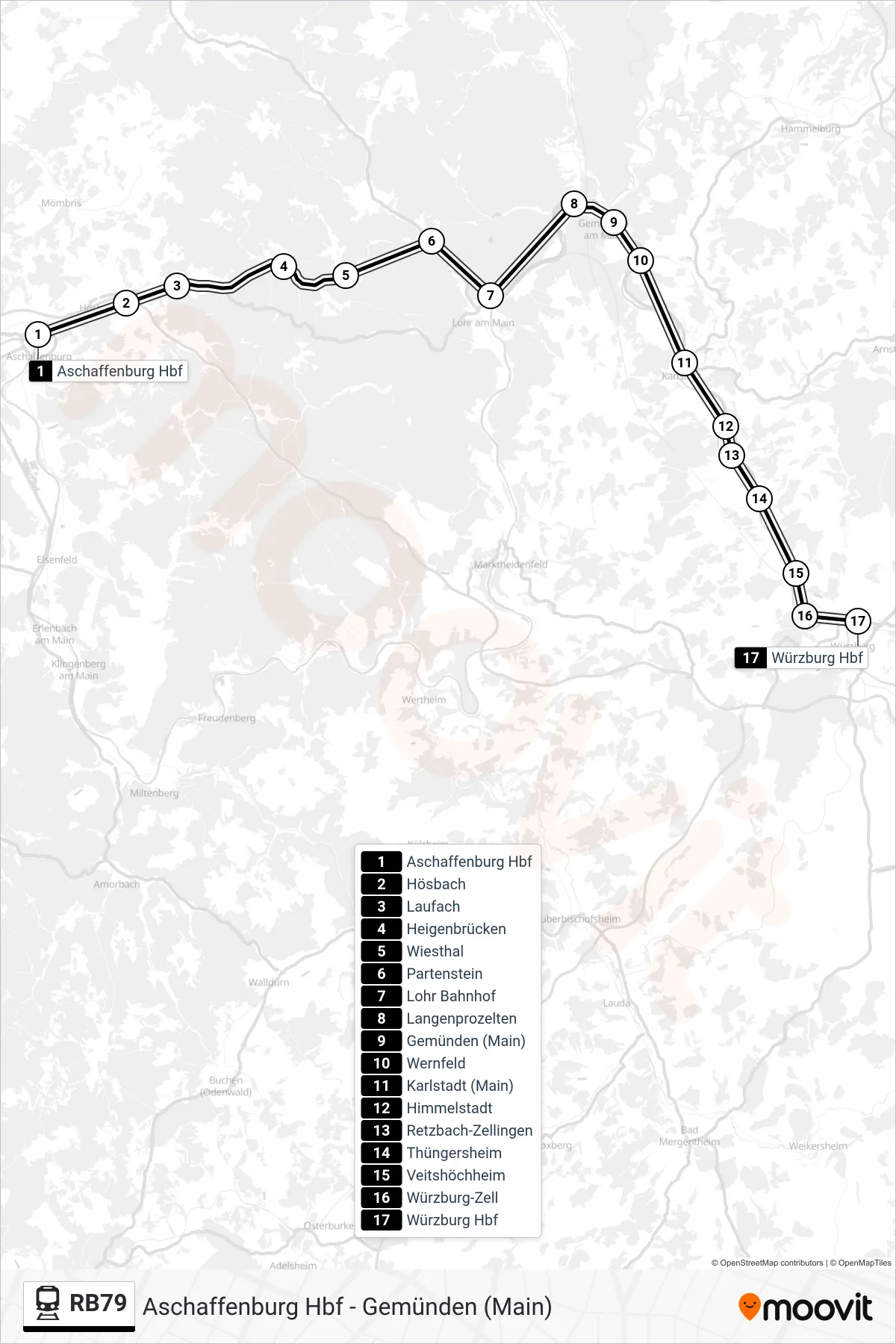 Linie RB79 (Bahn) Richtung Würzburg Hbf: Route und Haltestellen auf der Karte