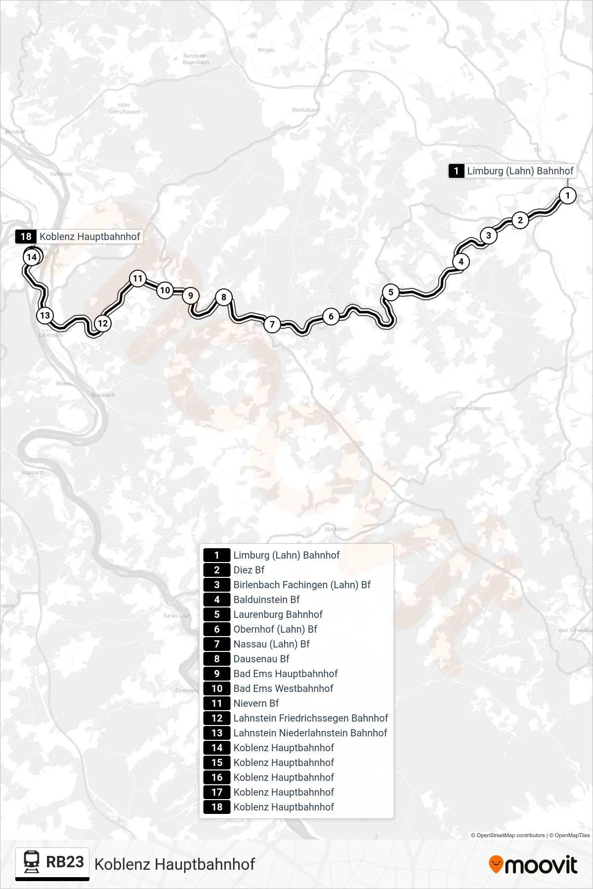 Linie RB23 (Bahn) Richtung Koblenz Hauptbahnhof: Route und Haltestellen auf der Karte