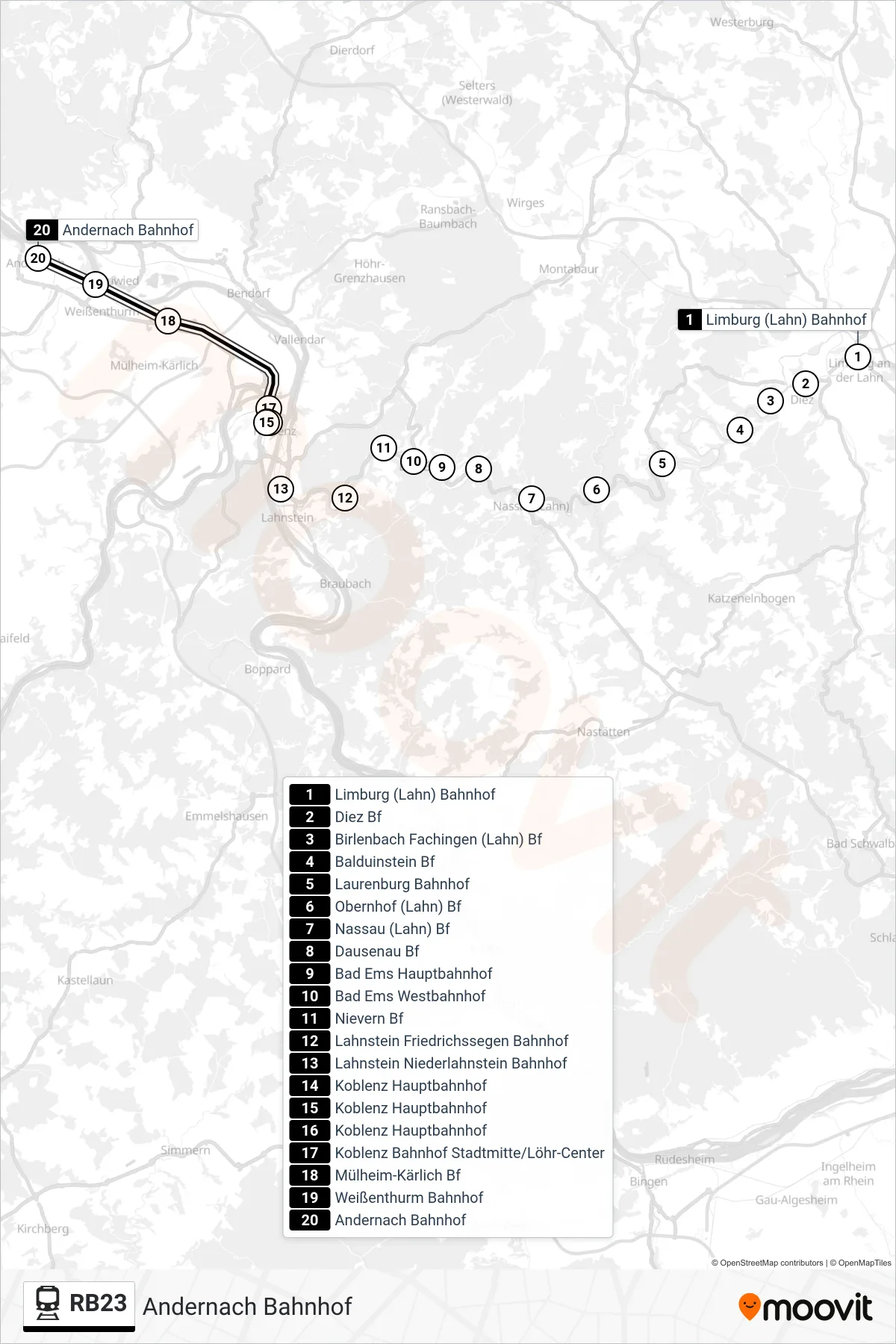 RB23 train Line (Andernach Bahnhof) route and stops on a map