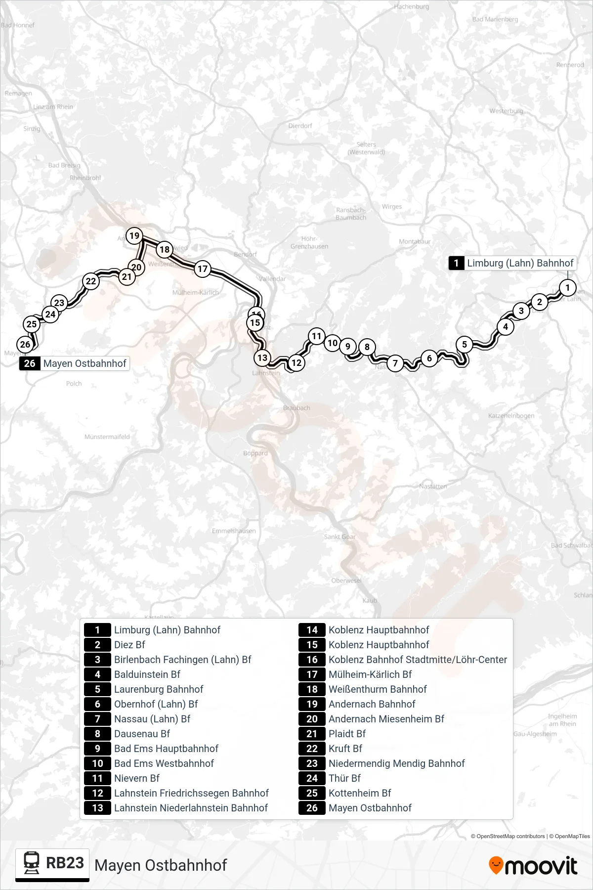 RB23 train Line (Mayen Ostbahnhof) route and stops on a map