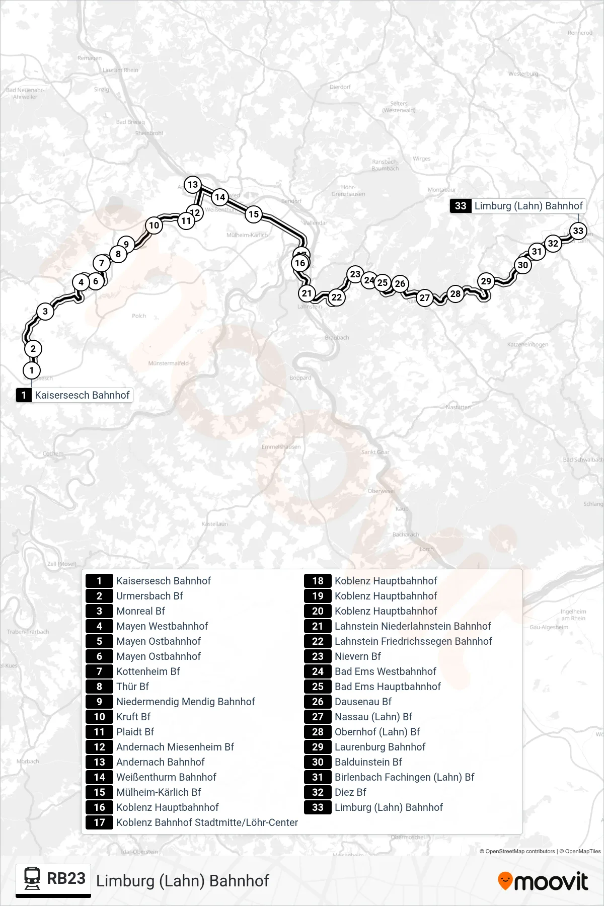 RB23 train Line (Limburg (Lahn) Bahnhof) route and stops on a map