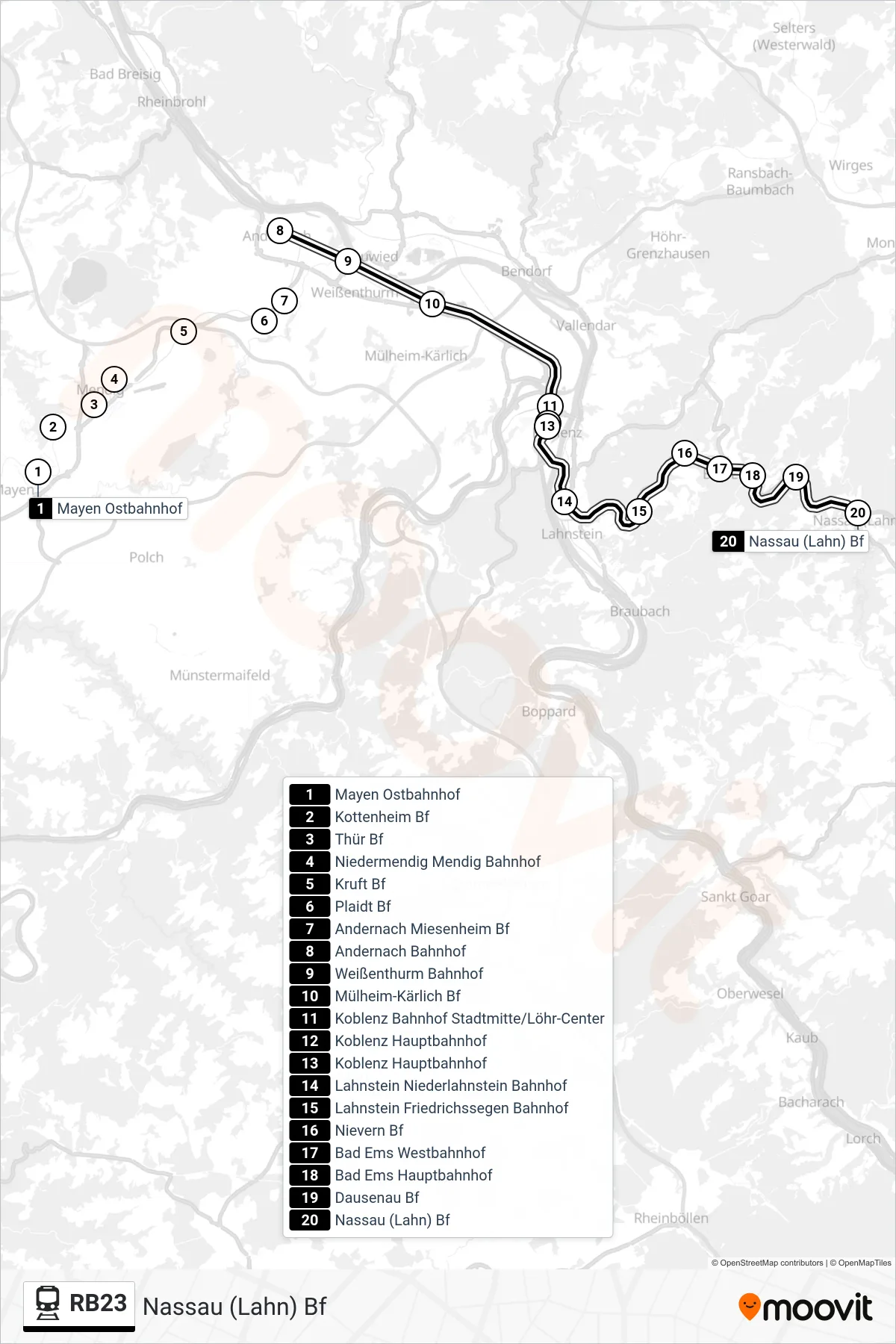RB23 train Line (Nassau (Lahn) Bf) route and stops on a map