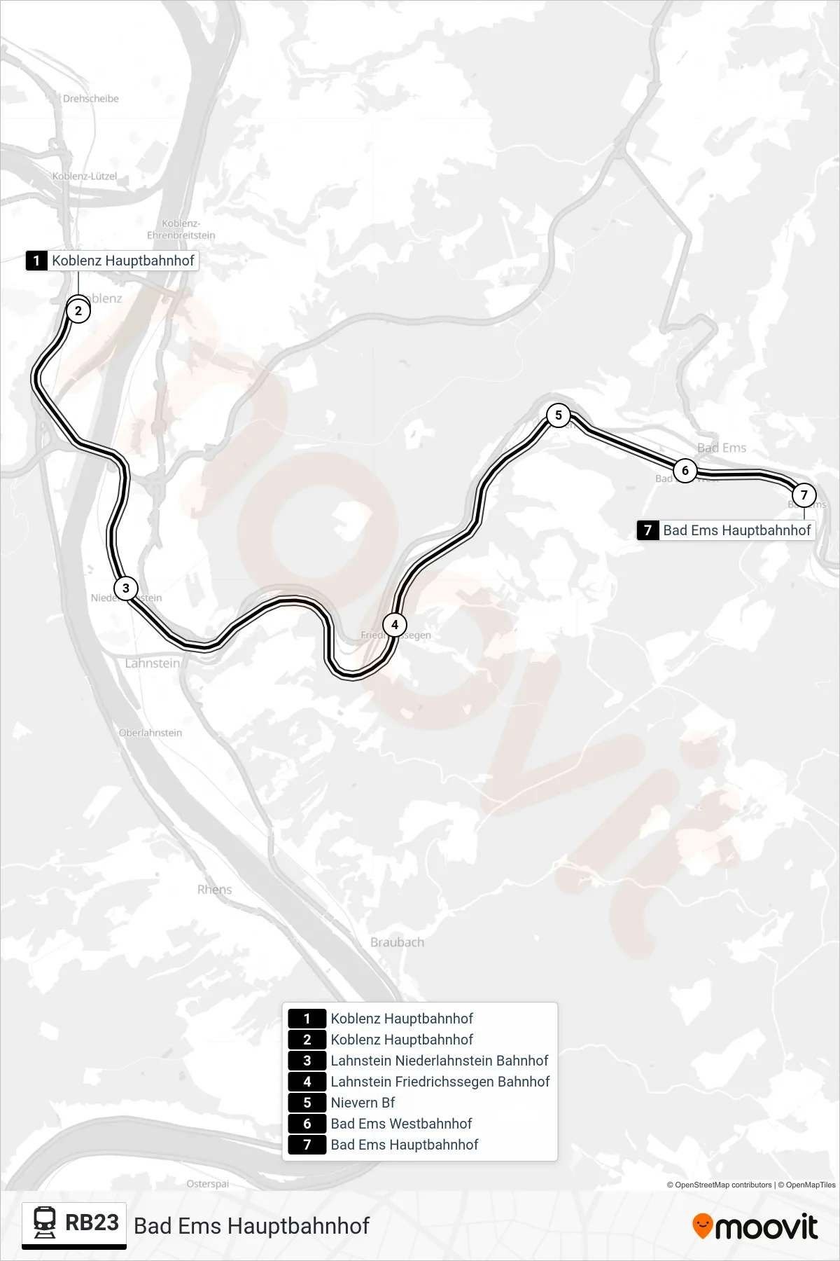 RB23 train Line (Bad Ems Hauptbahnhof) route and stops on a map