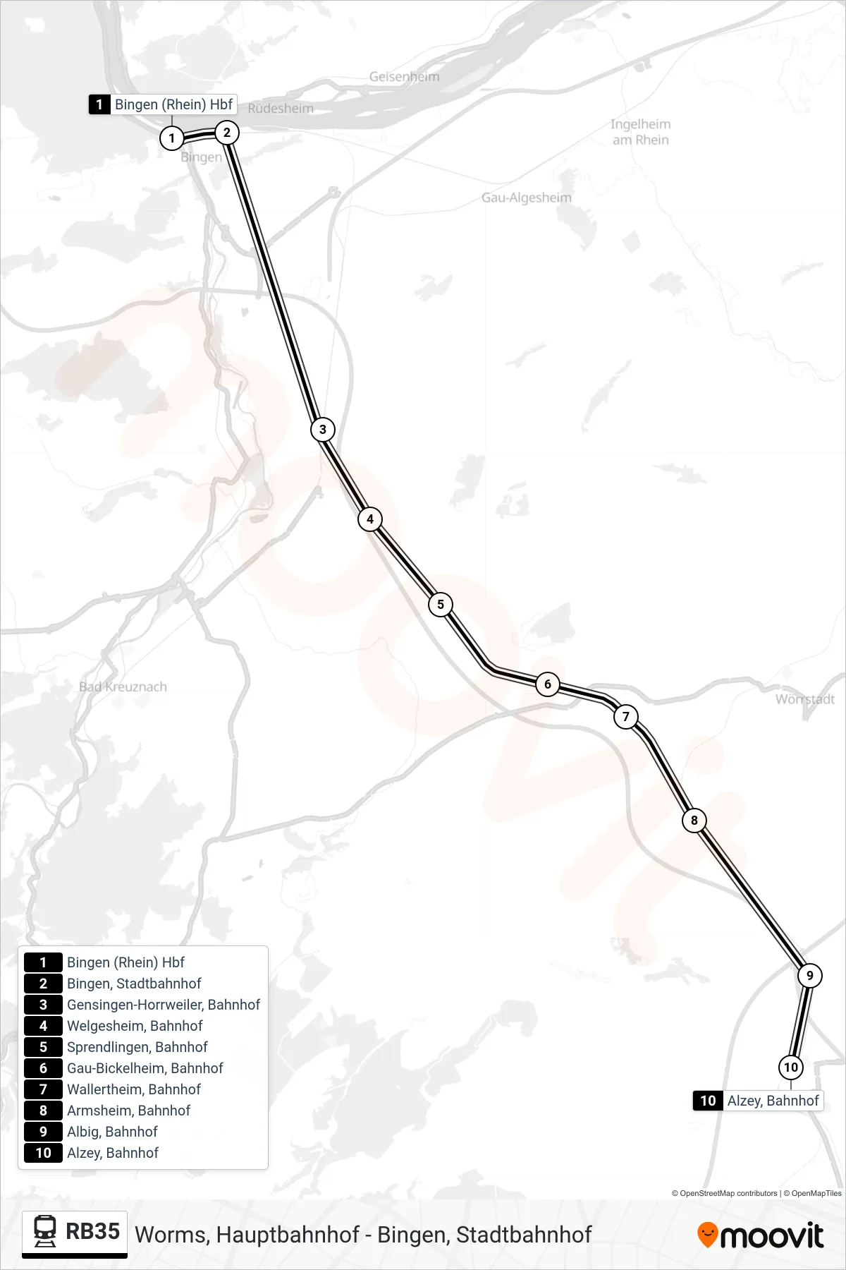 RB35 train Line (Alzey, Bahnhof) route and stops on a map
