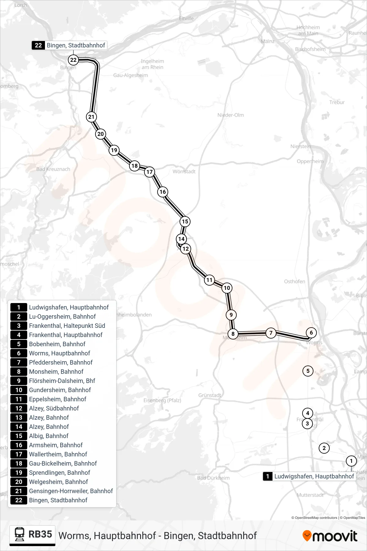 RB35 train Line (Bingen, Stadtbahnhof) route and stops on a map