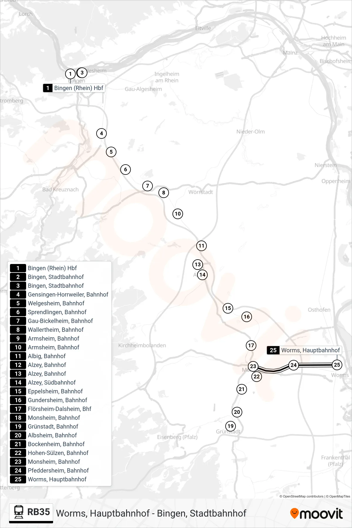 RB35 rail Line (Worms, Hauptbahnhof) route and stops on a map