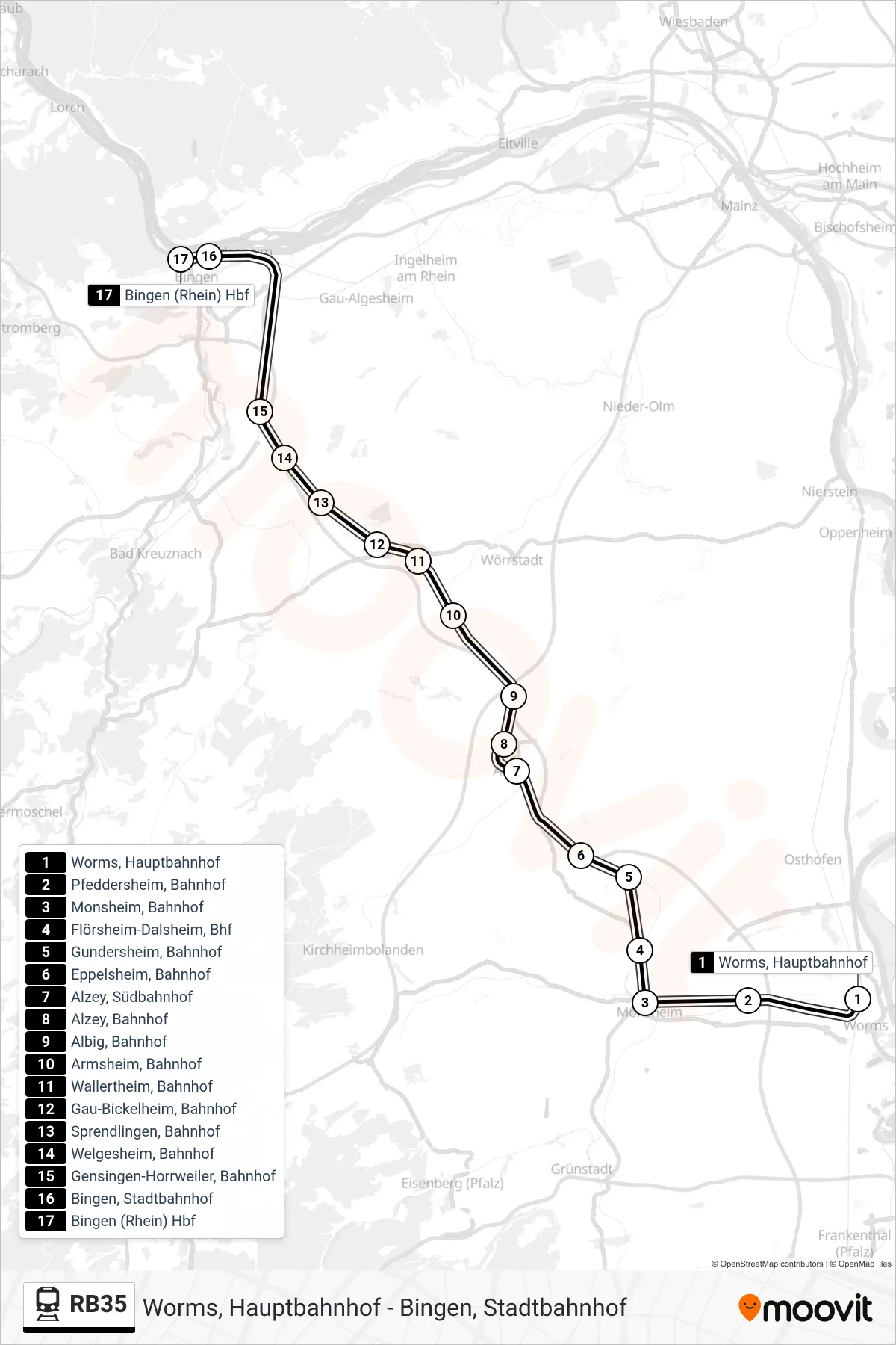 Linie RB35 (Bahn) Richtung Bingen, Hauptbahnhof: Route und Haltestellen auf der Karte