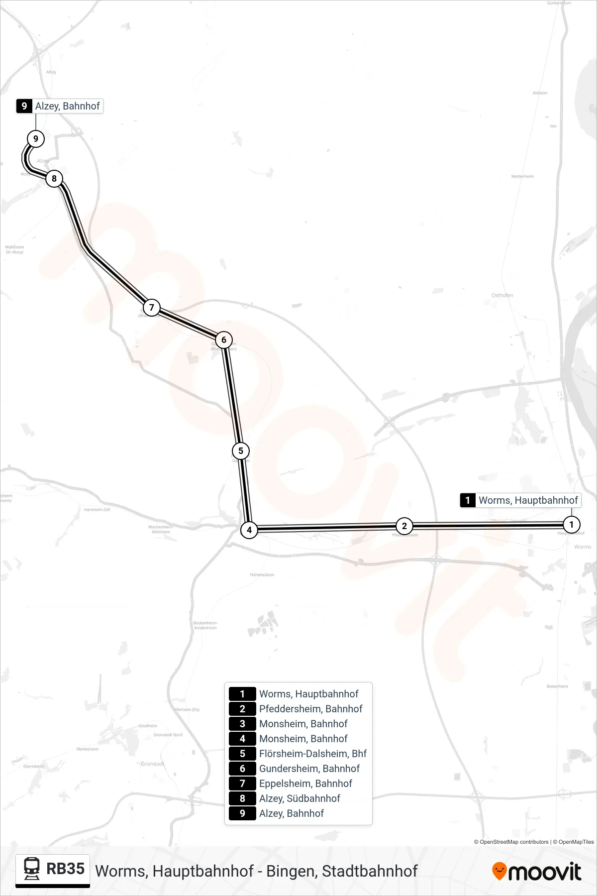 RB35 rail Line (Alzey, Bahnhof) route and stops on a map