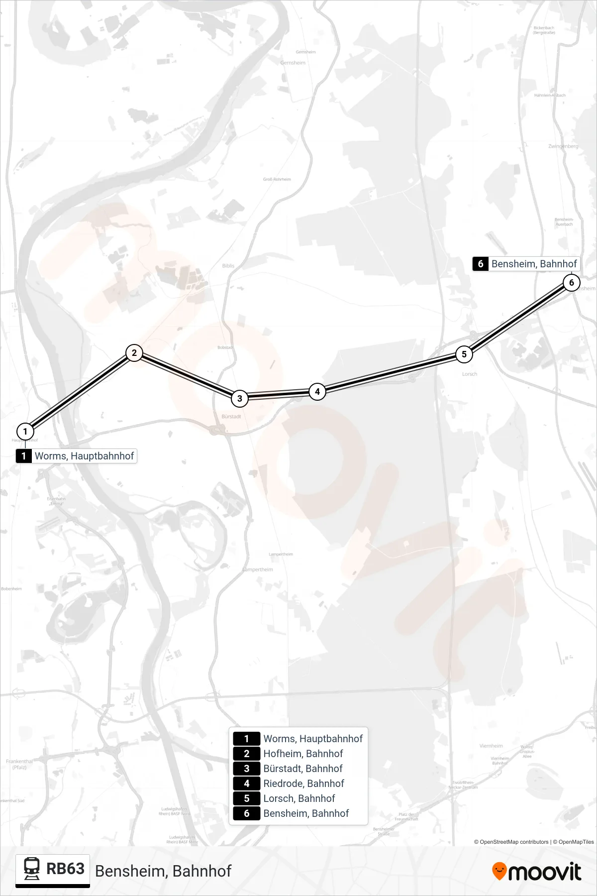 Linie RB63 (Bahn) Richtung Bensheim, Bahnhof: Route und Haltestellen auf der Karte