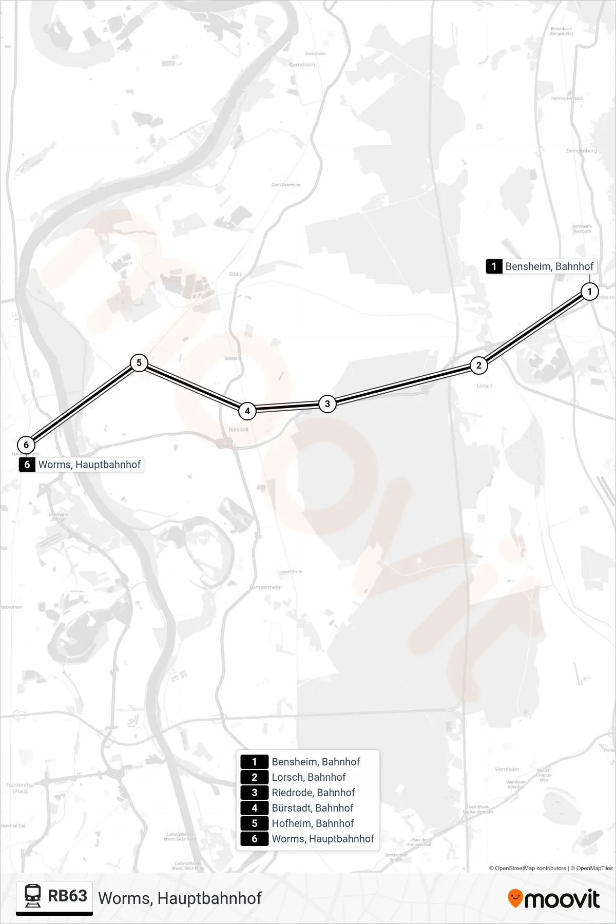 RB63 train Line (Worms, Hauptbahnhof) route and stops on a map