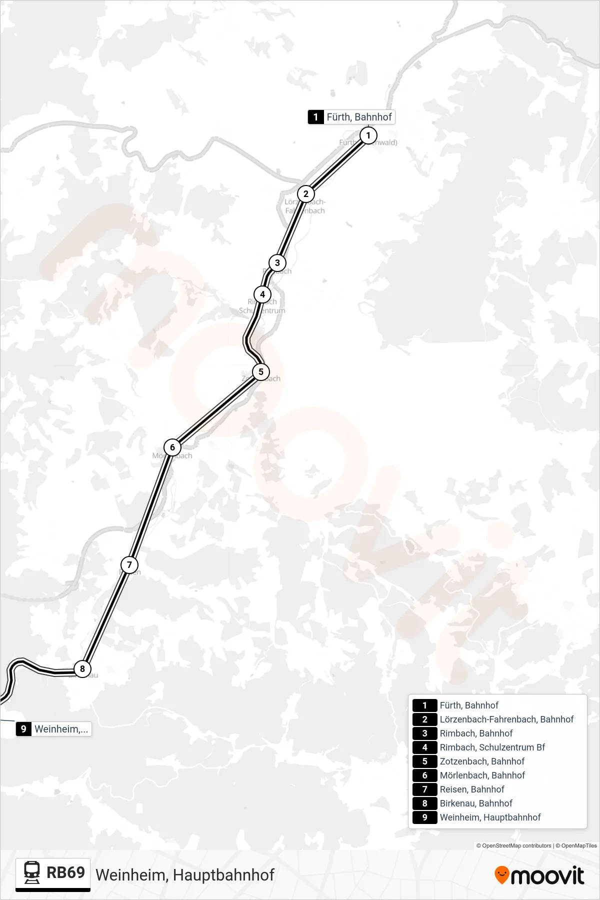 Linie RB69 (Bahn) Richtung Weinheim, Hauptbahnhof: Route und Haltestellen auf der Karte