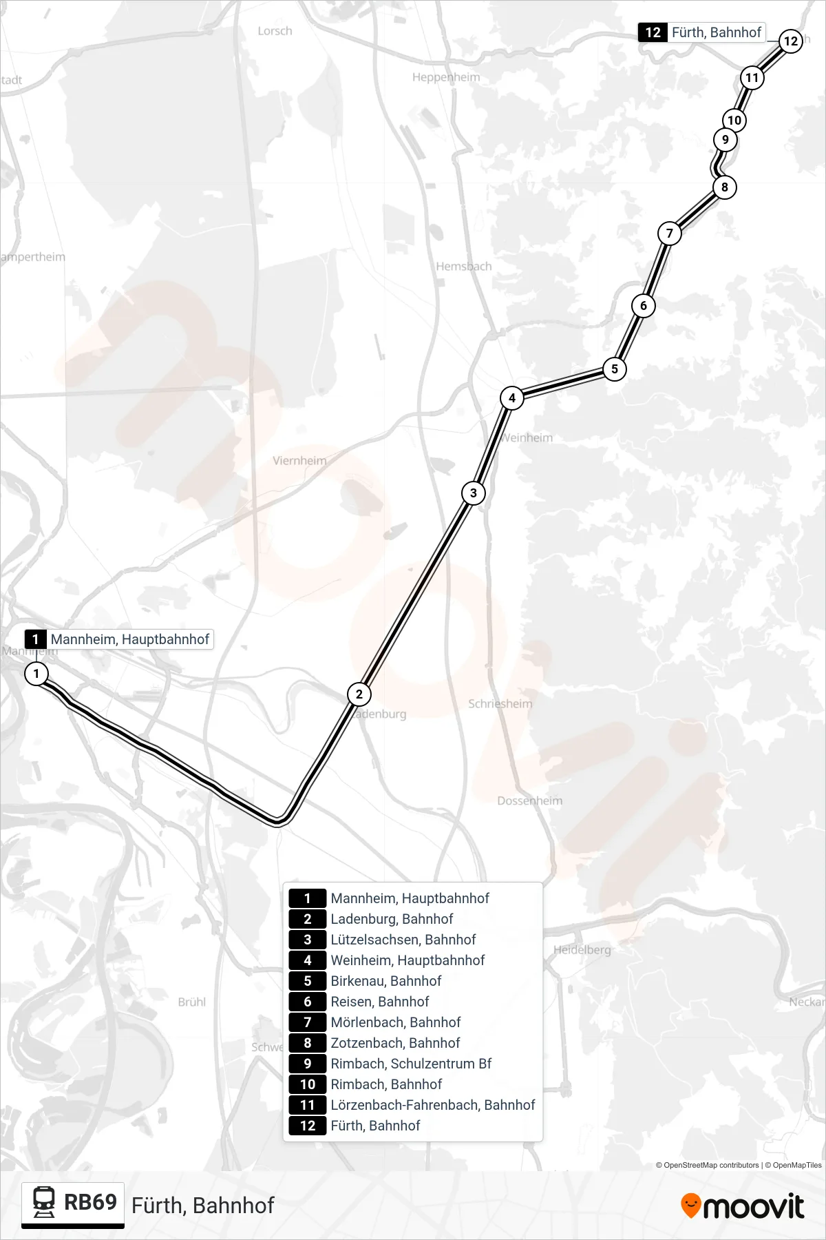 RB69 train Line (Fürth, Bahnhof) route and stops on a map