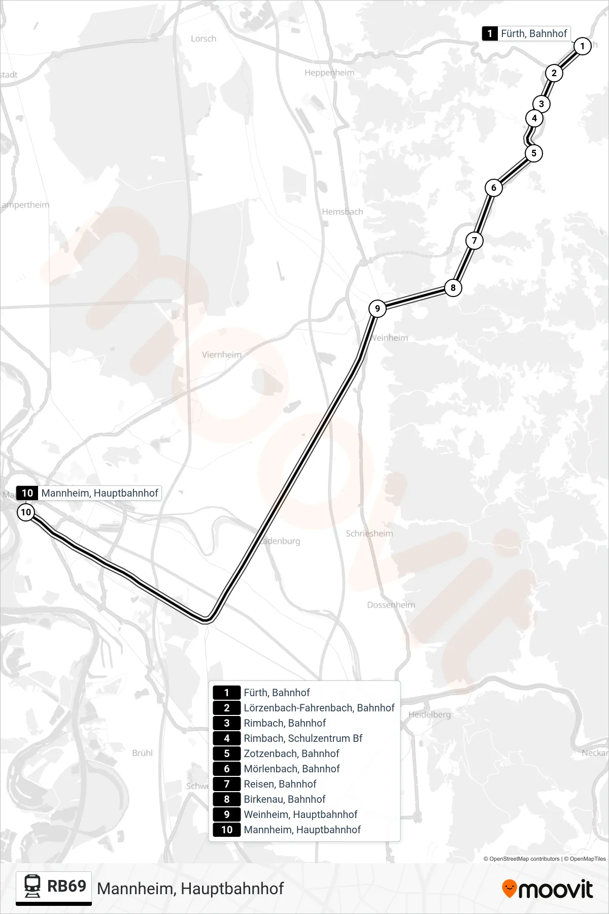 RB69 train Line (Mannheim, Hauptbahnhof) route and stops on a map