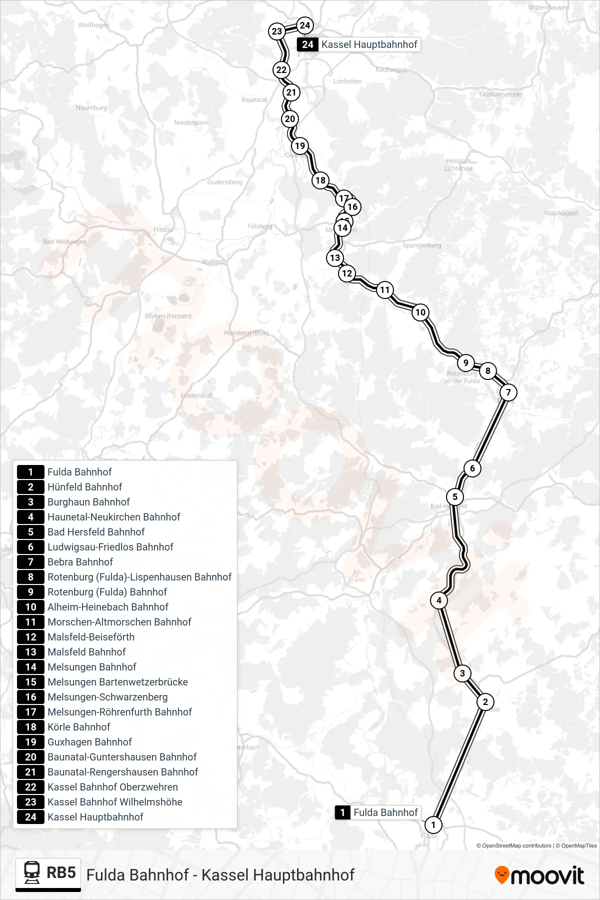 RB5 train Line (Kassel Hauptbahnhof) route and stops on a map