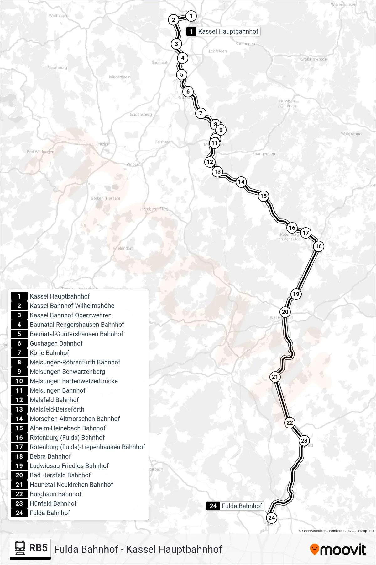 Linie RB5 (Bahn) Richtung Fulda Bahnhof: Route und Haltestellen auf der Karte