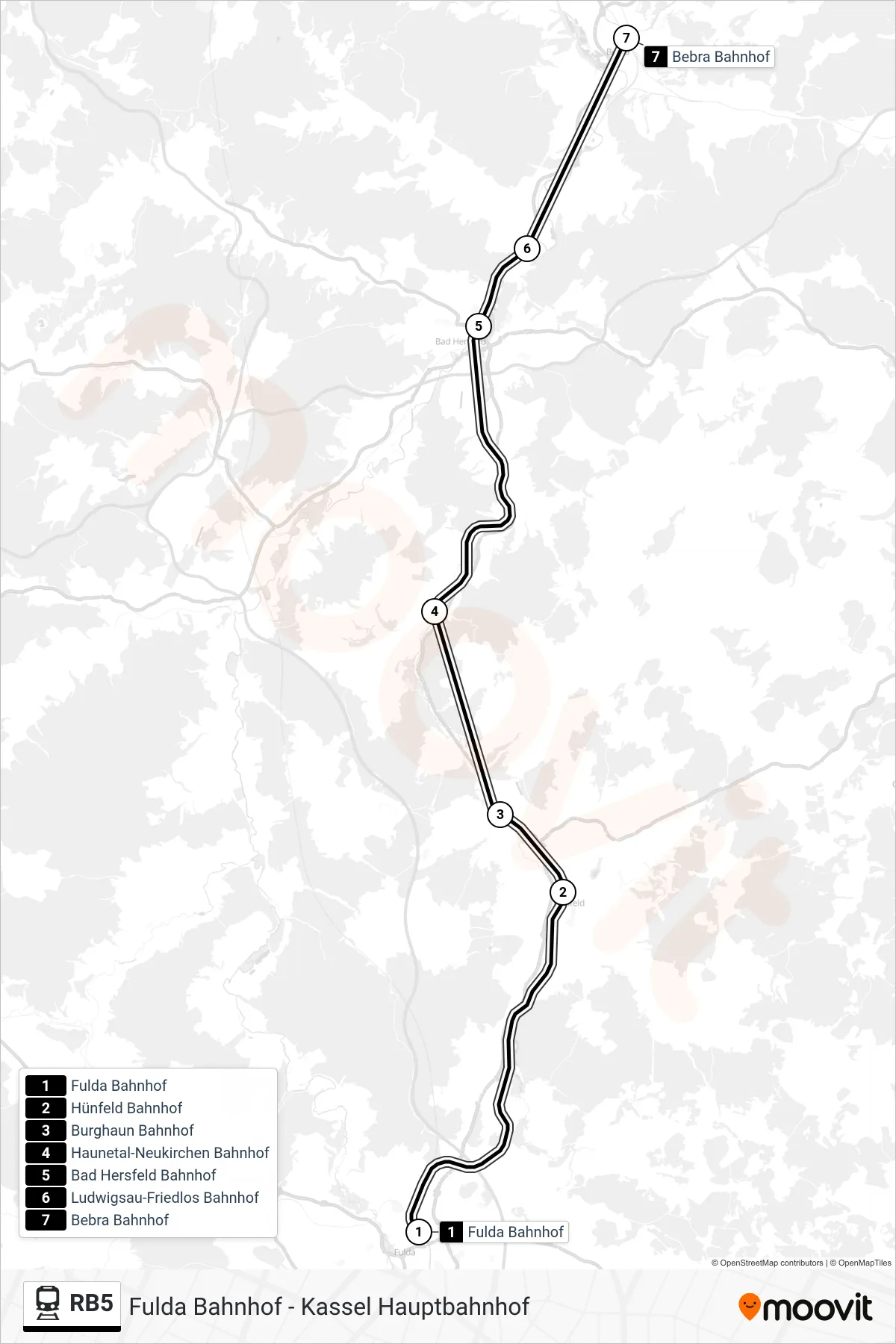 RB5 train Line (Bebra Bahnhof) route and stops on a map