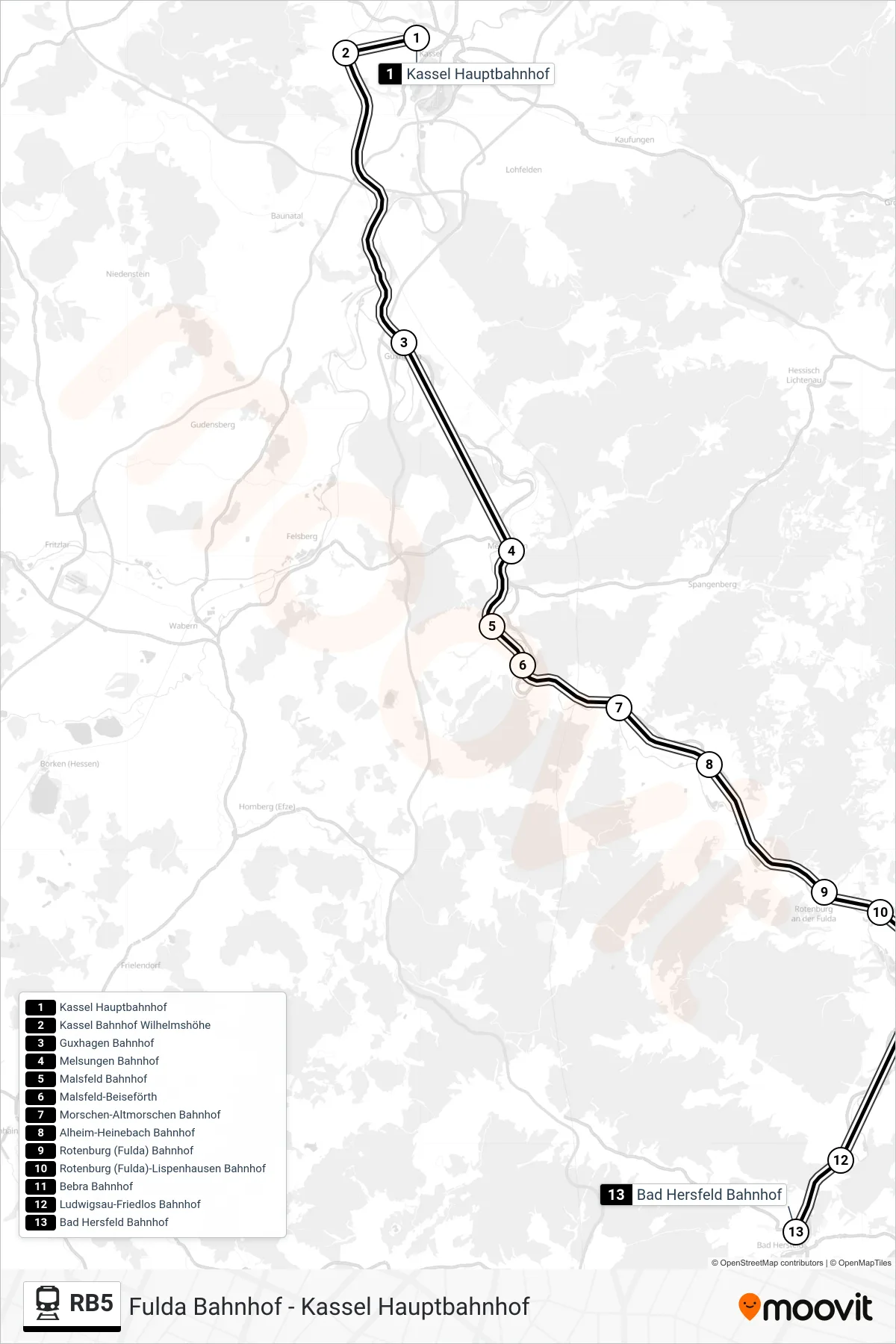 RB5 train Line (Bad Hersfeld Bahnhof) route and stops on a map