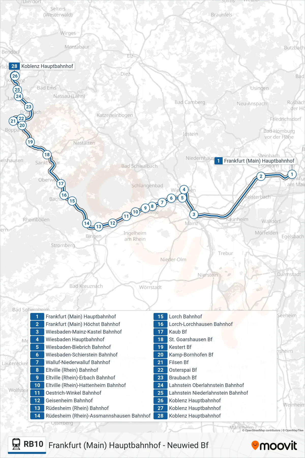 Linie RB10 (Bahn) Richtung Koblenz Hauptbahnhof: Route und Haltestellen auf der Karte