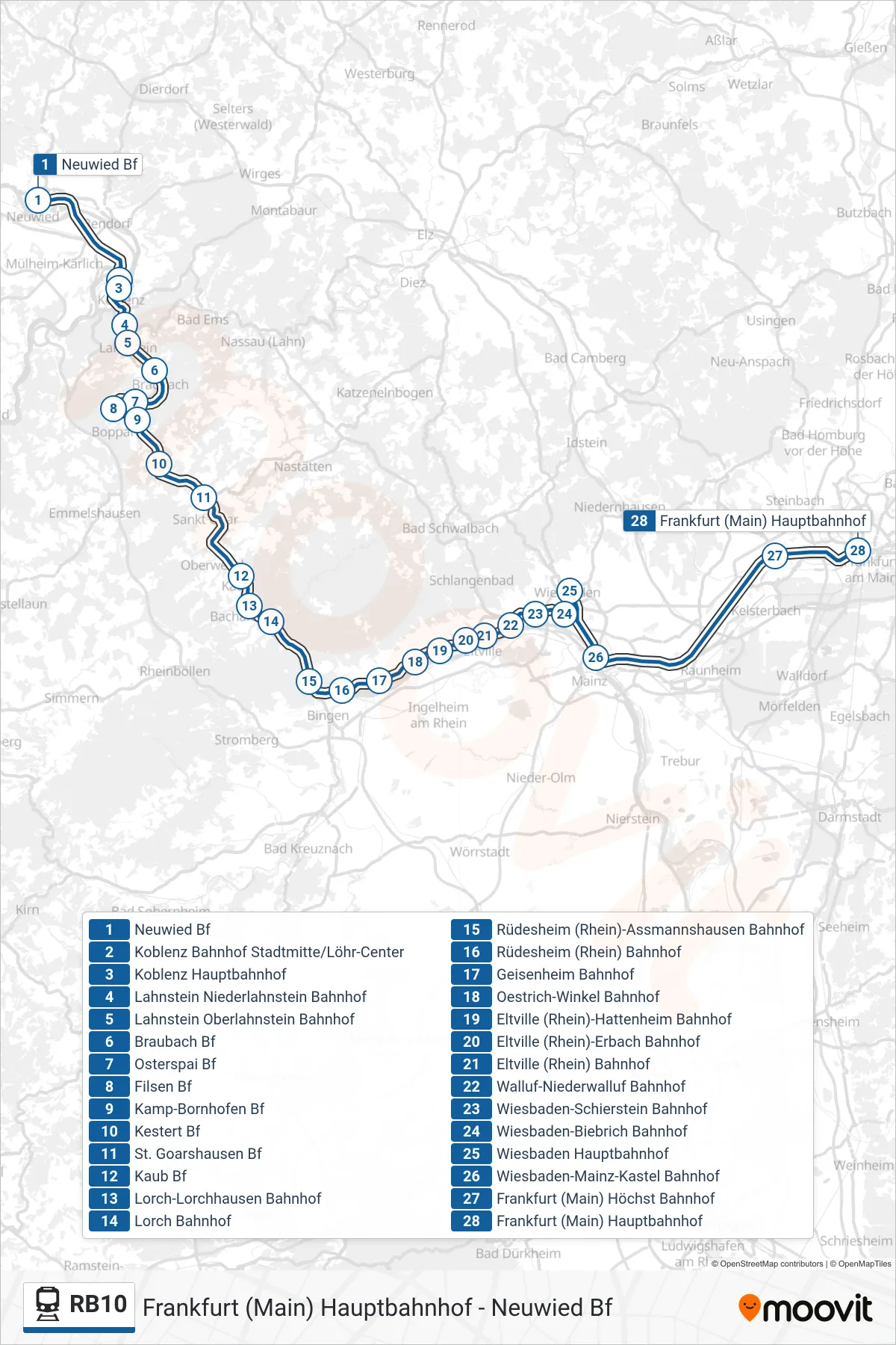 RB10 train Line (Frankfurt (Main) Hauptbahnhof) route and stops on a map