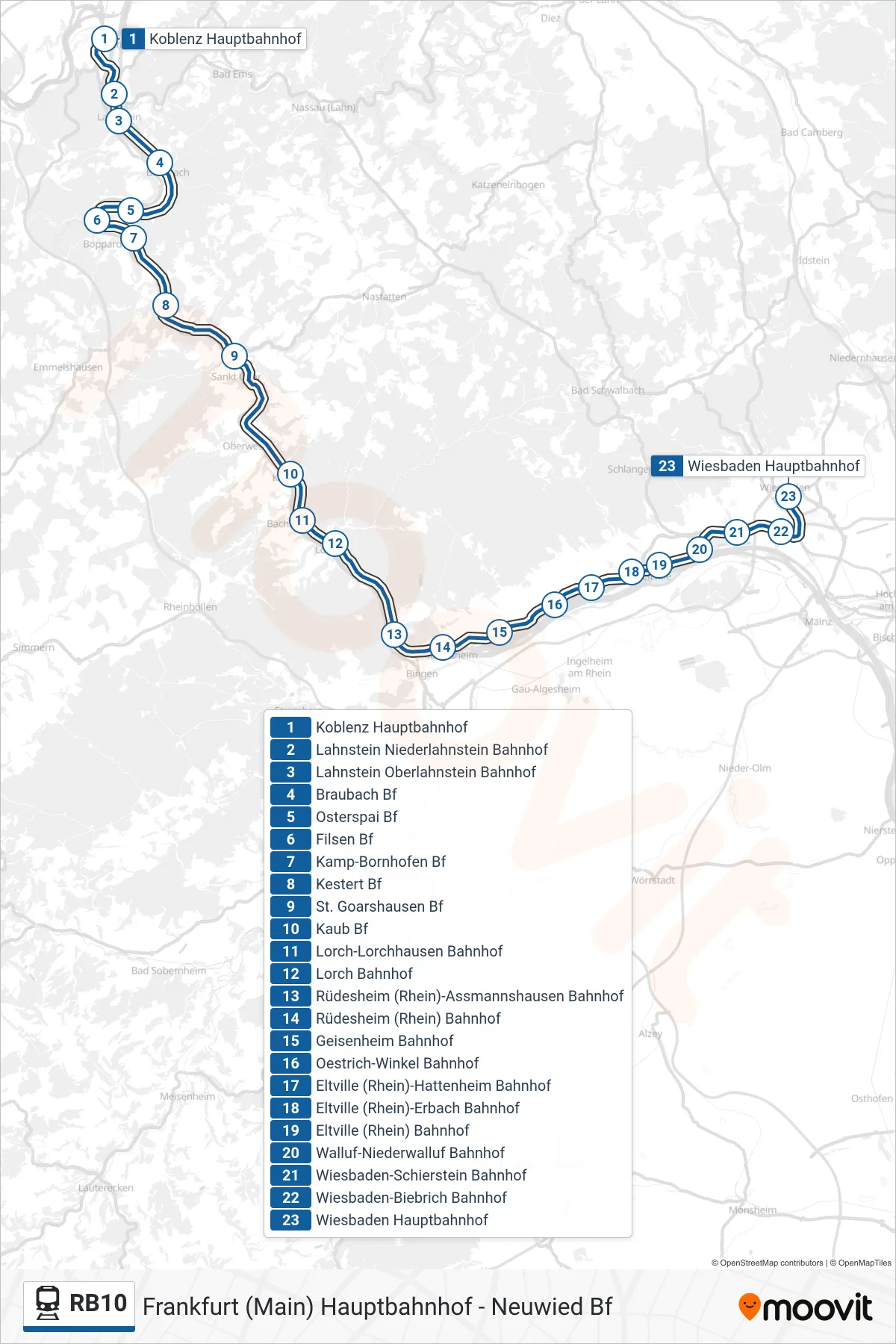 RB10 train Line (Wiesbaden Hauptbahnhof) route and stops on a map