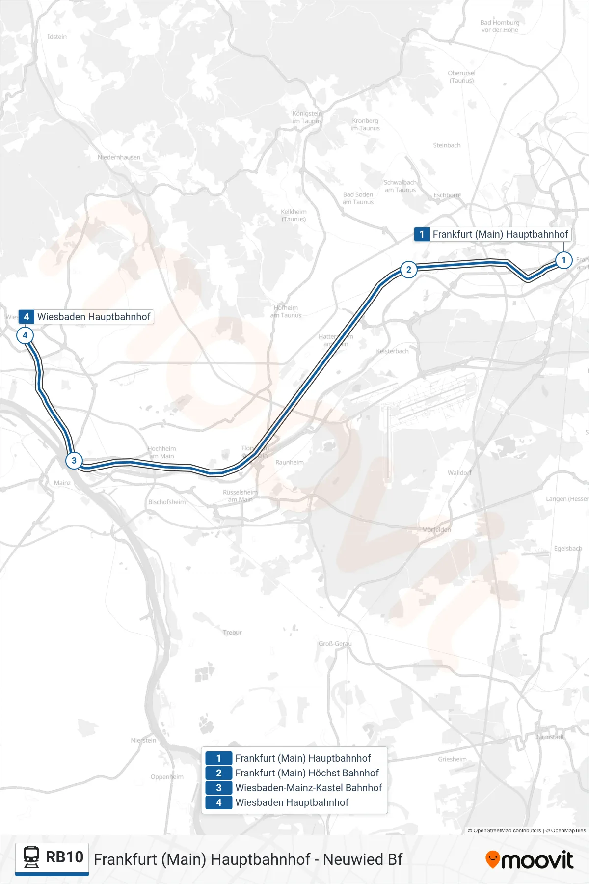 RB10 train Line (Wiesbaden Hauptbahnhof) route and stops on a map
