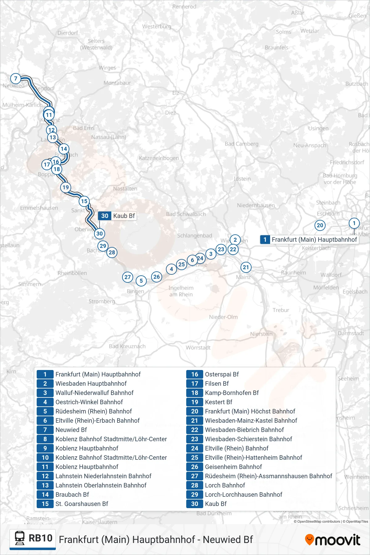 RB10 train Line (Kaub Bf) route and stops on a map
