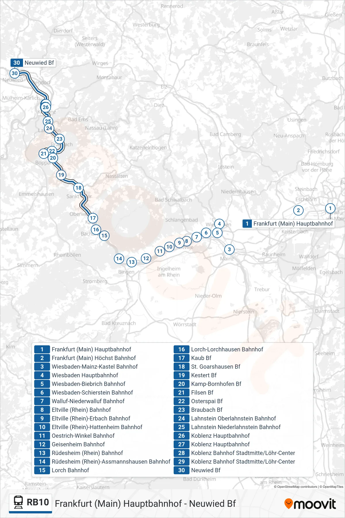 RB10 train Line (Neuwied Bf) route and stops on a map