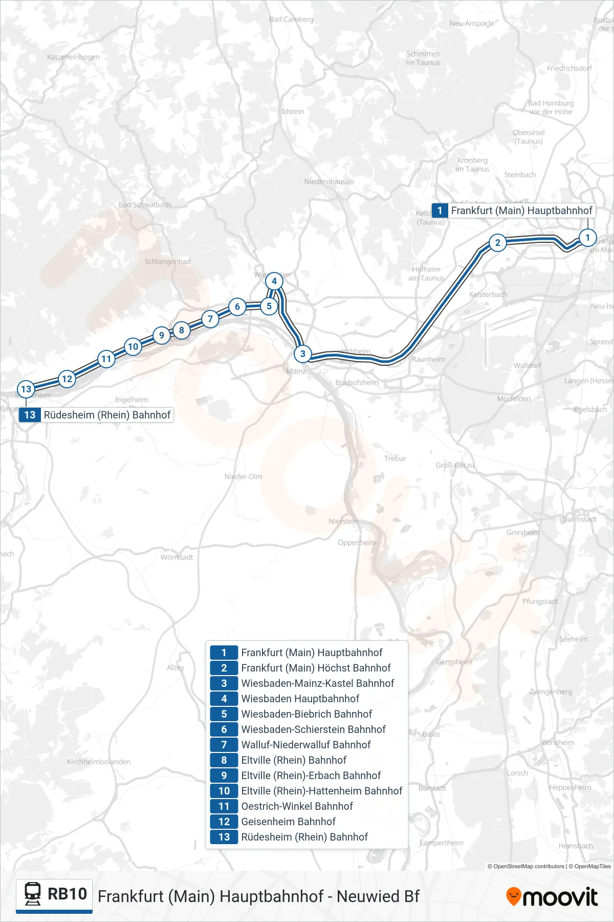 RB10 train Line (Rüdesheim (Rhein) Bahnhof) route and stops on a map