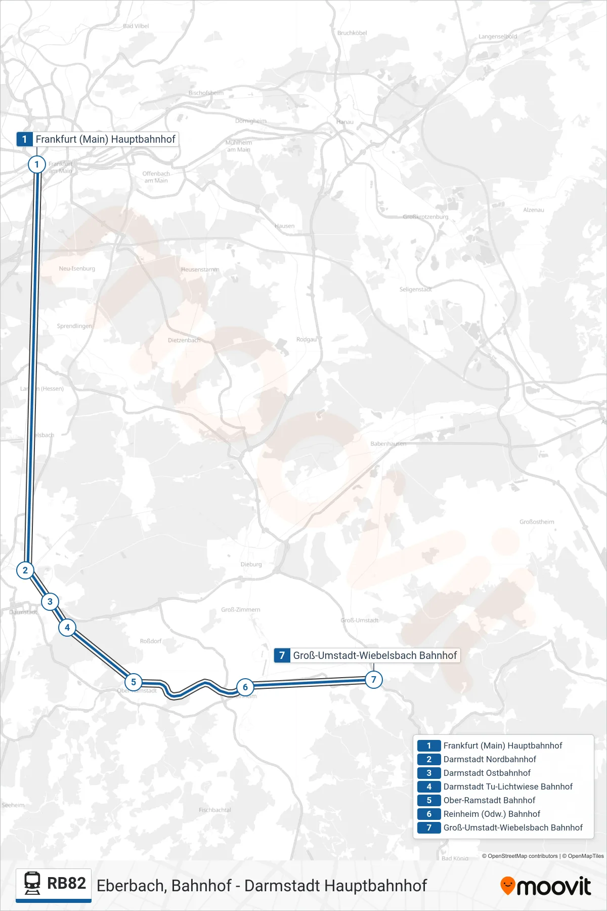 RB82 train Line (Groß-Umstadt-Wiebelsbach Bahnhof) route and stops on a map