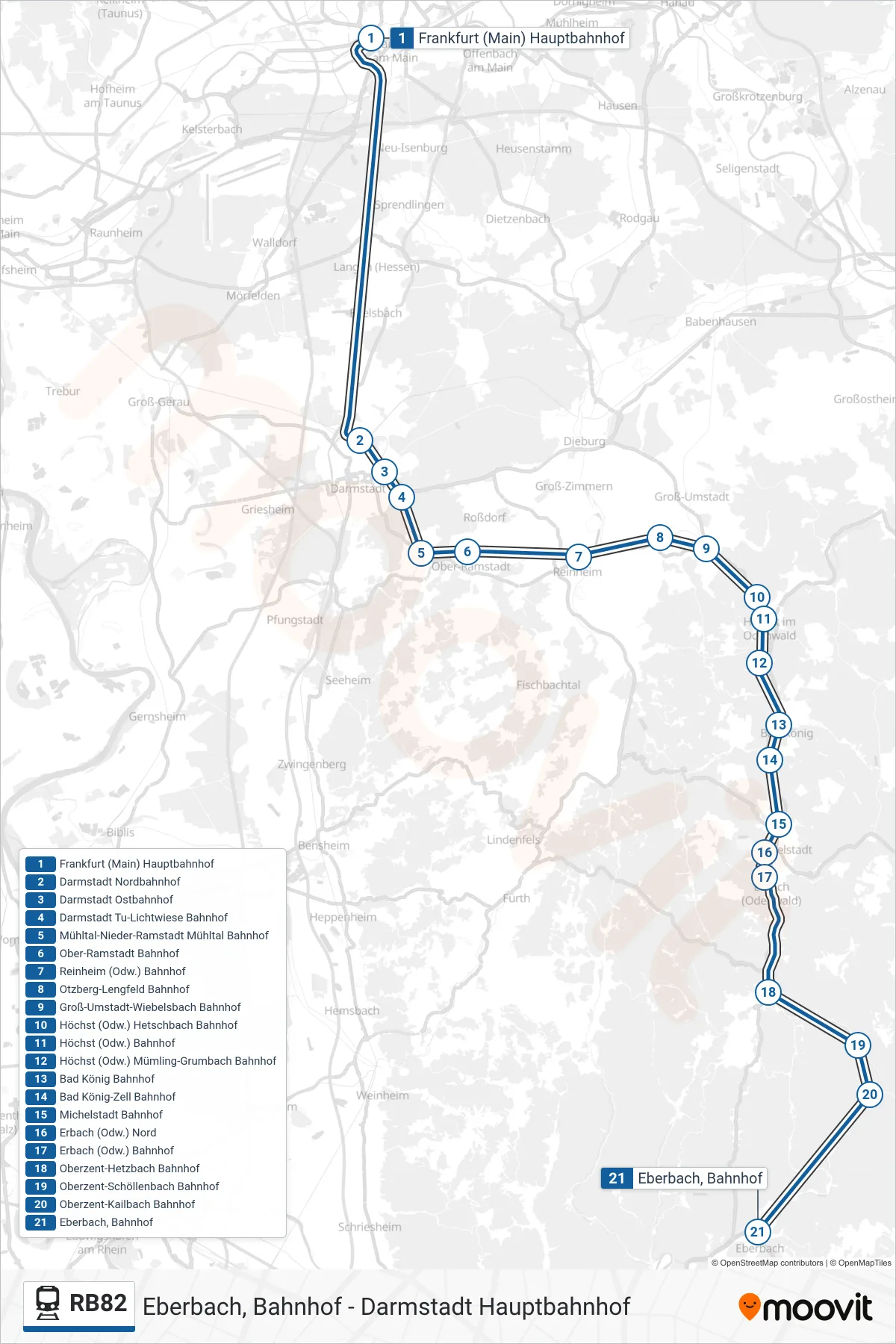 RB82 train Line (Eberbach, Bahnhof) route and stops on a map