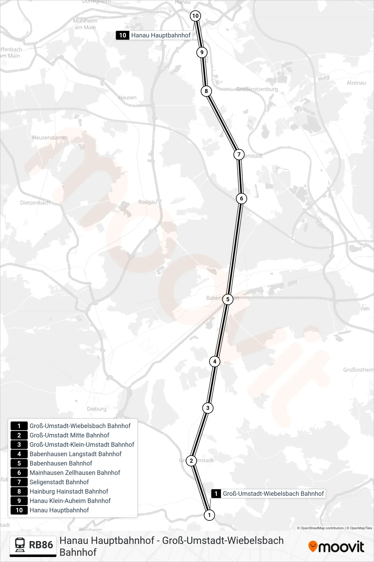 RB86 train Line (Hanau Hauptbahnhof) route and stops on a map