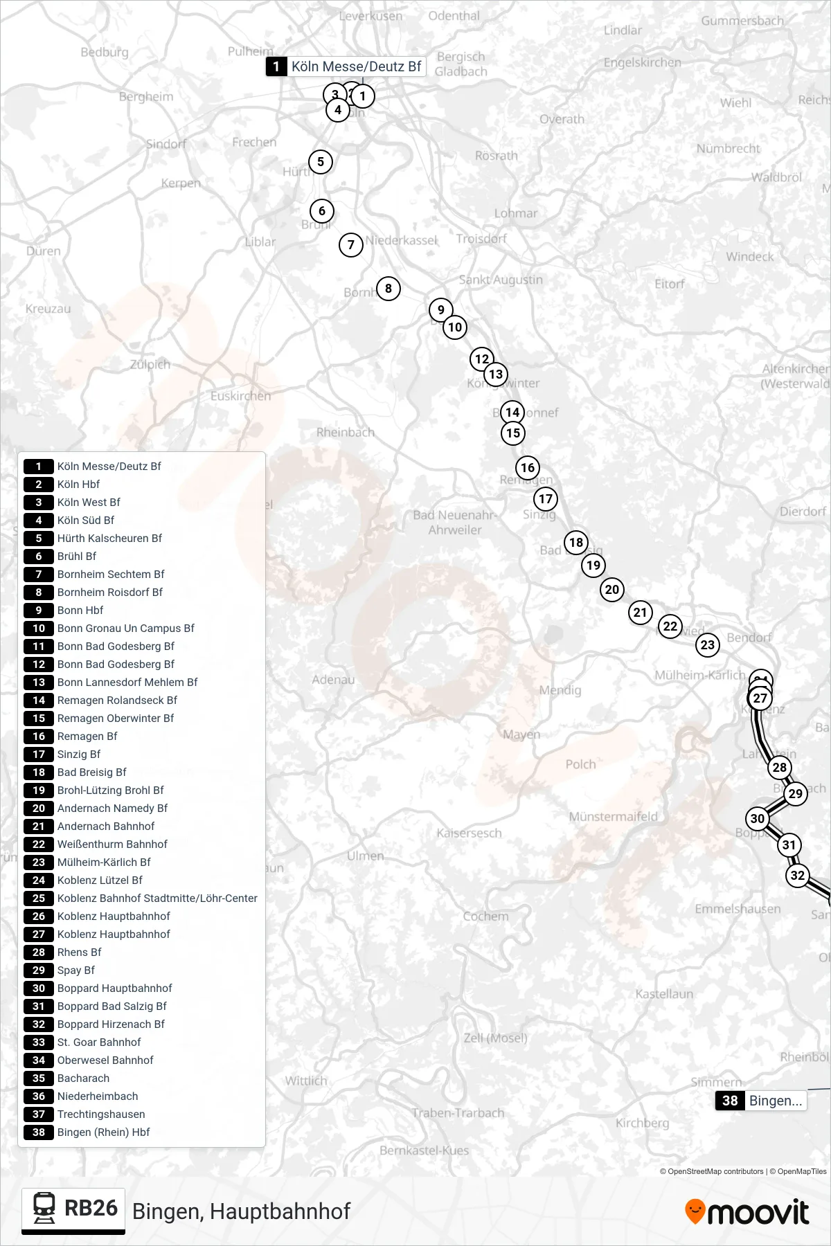 RB26 train Line (Bingen, Hauptbahnhof) route and stops on a map