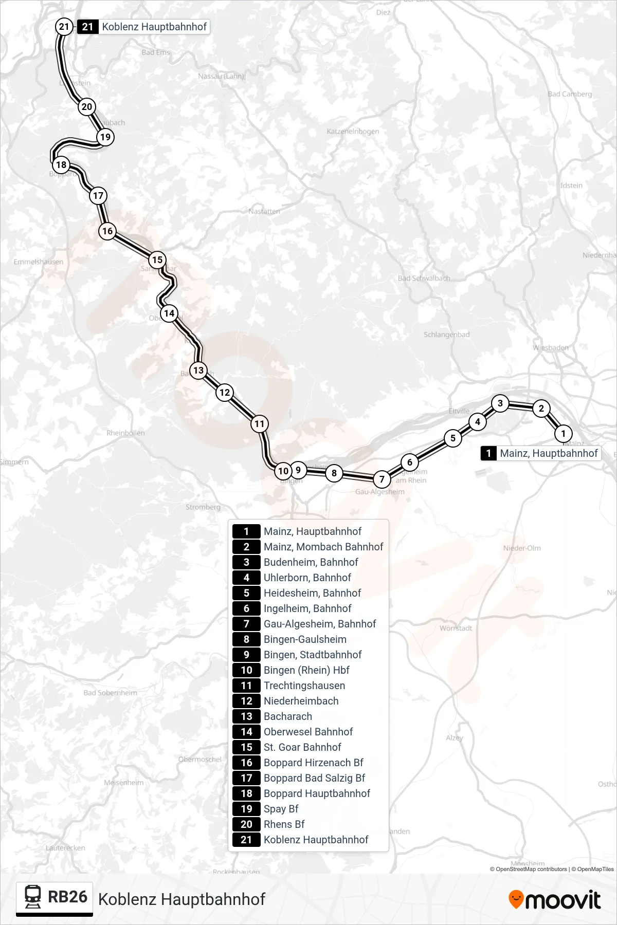 RB26 train Line (Koblenz Hauptbahnhof) route and stops on a map