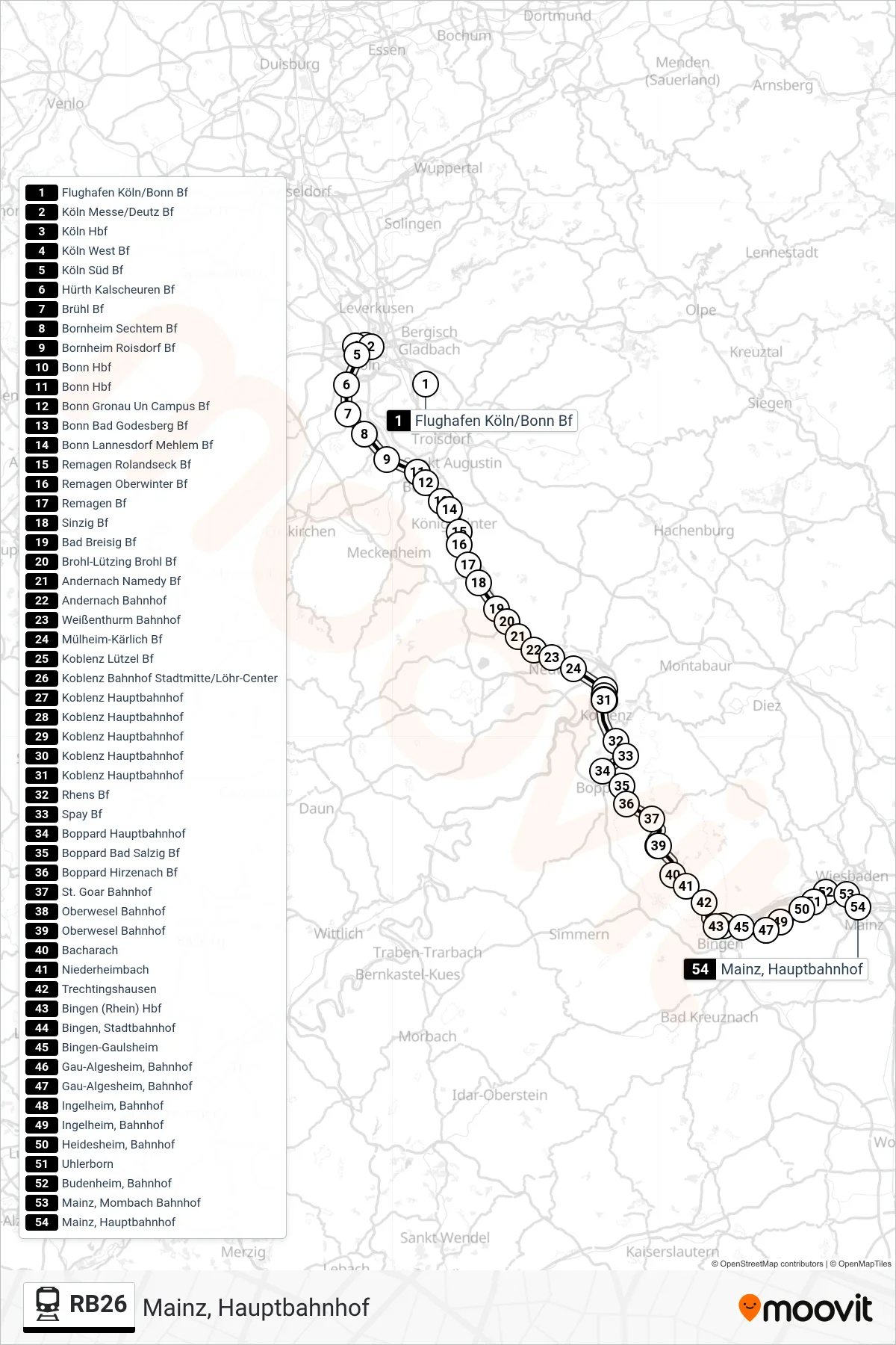 RB26 train Line (Mainz, Hauptbahnhof) route and stops on a map