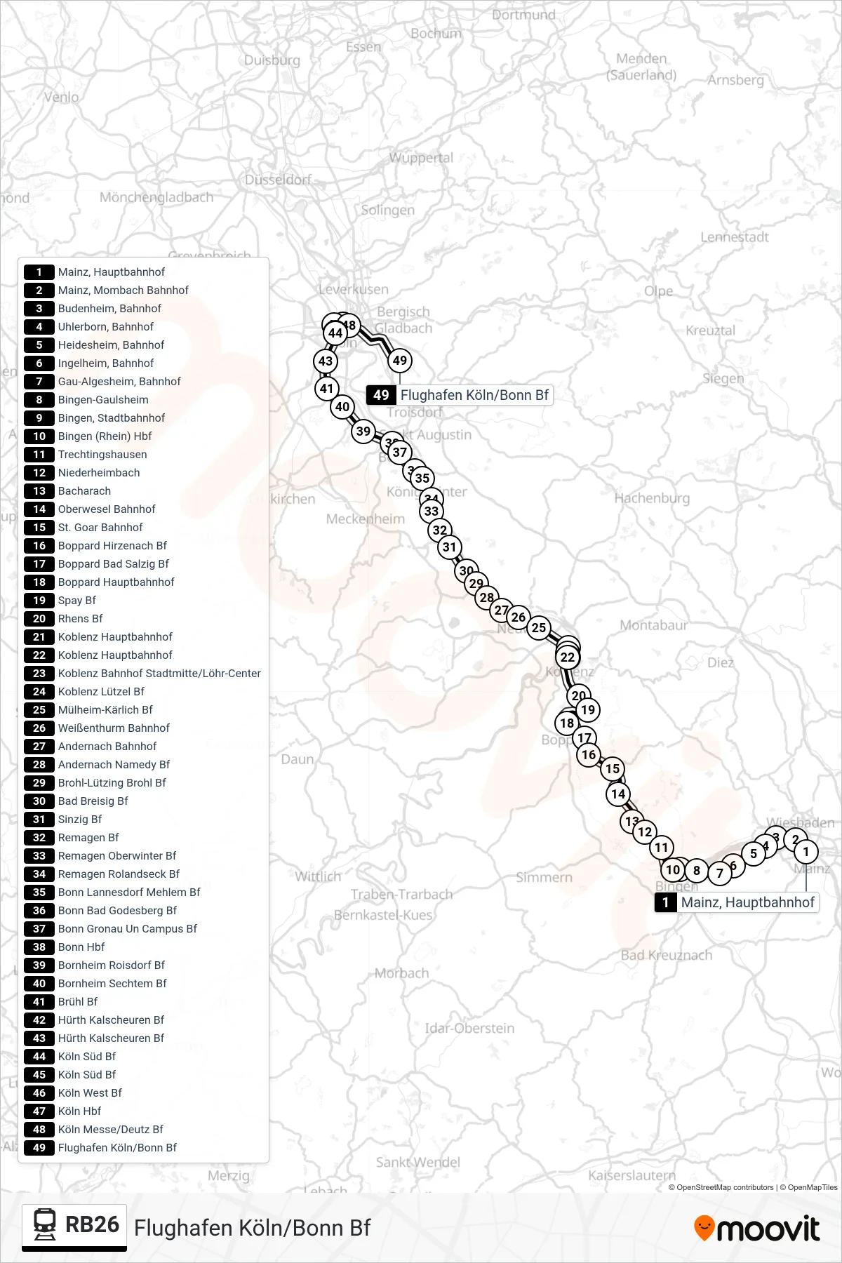 Linie RB26 (Bahn) Richtung Flughafen Köln/Bonn Bf: Route und Haltestellen auf der Karte