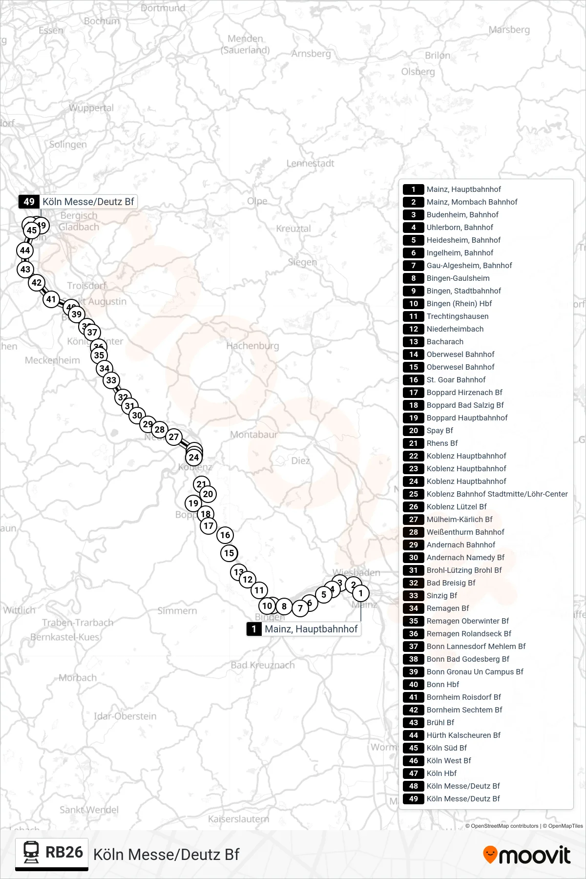 RB26 train Line (Köln Messe/Deutz Bf) route and stops on a map