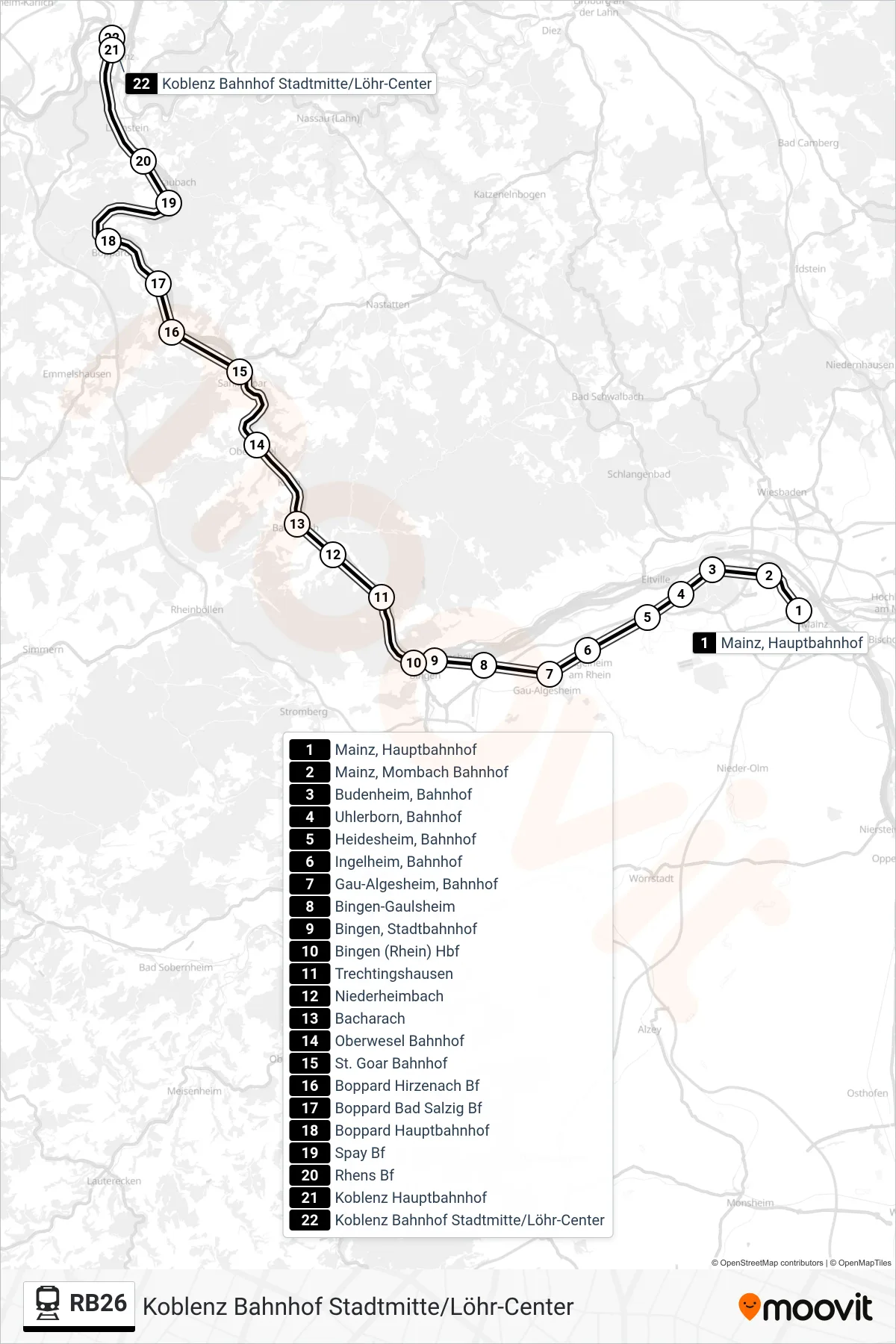 RB26 rail Line (Koblenz Bahnhof Stadtmitte/Löhr-Center) route and stops on a map